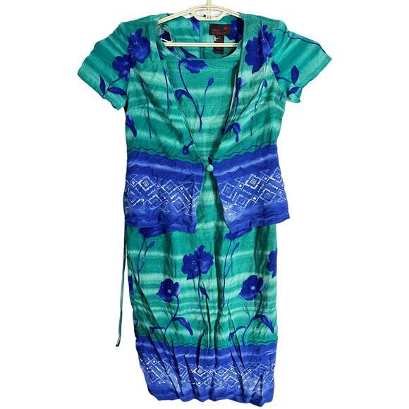 Vintage Miss Scarlett Midi Dress Size 12 Petite Blue Green Short Sleeve Artsy - Picture 1 of 8